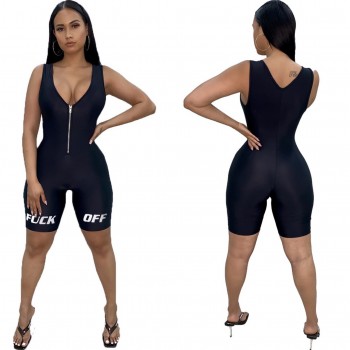 2020 New Summmer Women's Sexy Letter Print Bodysuits Casual Sleeveless Playsuit Athleisure Neon Color Rompers Zipper Jumpsuits